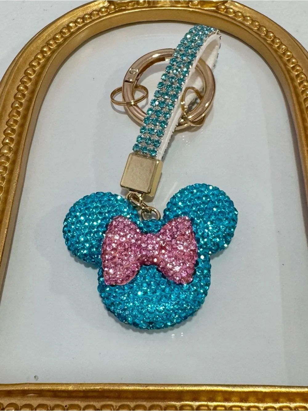 New Sparkling Teal Mouse Keychain with Pink Bow